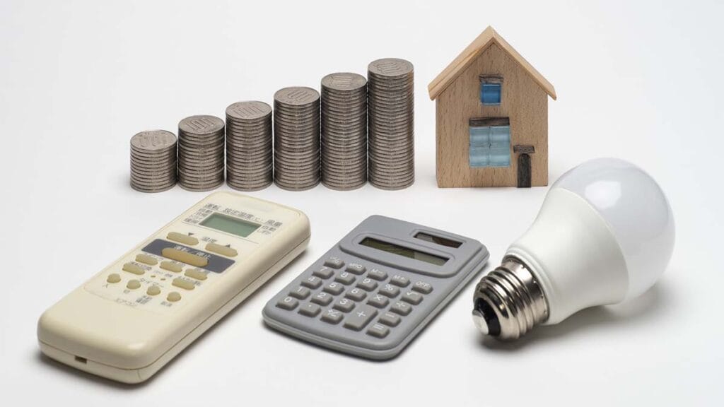 積ませた硬貨とリモコンと電卓と電球と木の家